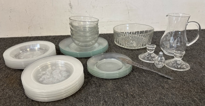 Crystal and Glass Table Setting, Serving Bowl, Glass Pitcher, Glass Candle Stick Holders, Vintage Cake Knife.