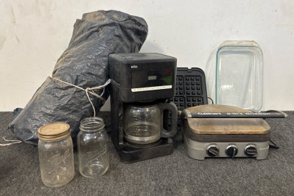 Braun Digital Coffee Maker, Cuisinart 5-1 Griddler, Pyrex 9x13 Glass Dish, Gray Tarp, Ball and Mason Jars.