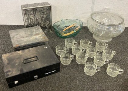 Punch Bowl With Matching Glasses, Glass Fruit Baset, Metal Boxes & Cash Register