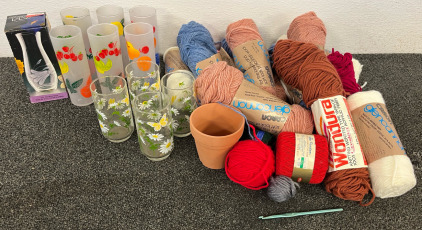 (2) Sets Of Floral & Fruit Glasses & Yarn