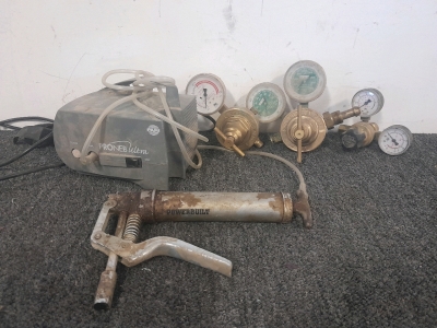 (3) Oxygen Regulators, Pari Proneb Ultra Compressor & Powerbuilt Grease Gun