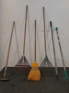 (2) Rakes, Broom, Garden Hoe & More