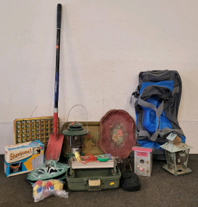 Coleman Lantern, Shamwow Super Absorbent Towels, And A Camo Walkie Talkie With Charger, Small Fishing Tackle Box, Rolling Duffle Bag, And More