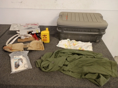 Men's Green Coveralls Size Large, Tool Belt, Jumper Cables And A Action Packer Rubbermaid Container