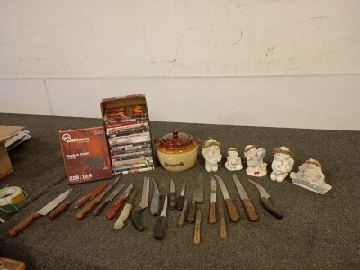 A Pocket Folding Chair, Knifes, DVDS, Cookie Jar, and Angel Figure's