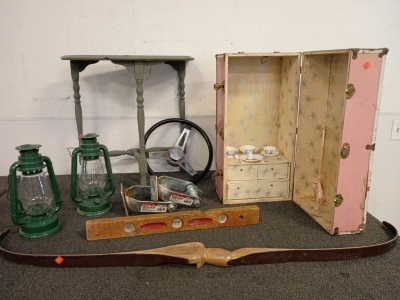 Corner Table, Antique Steering Wheel
