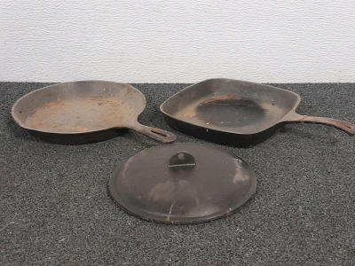(2) Cast Iron Pans & (1) Cover