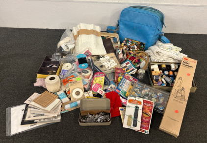 Vintage Samsonite Silhouette Carry On Shoulder Bag Tote, Skirt Marker, Various Sewing Items Such As Thread, Fabric Buttons, Zippers, Fabric, And Vintage PFAFF Sewing Machine Parts