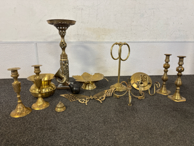 Brass Baby!!! Including Candle Sticks, Butterfly, Horn, Leaf Dish, Spitoon, Antique Bell, and Miscellaneous Items.