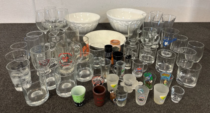 White Serving Bowls, Wine Glasses, Shot Glasses, Miscellaneous Glasses.