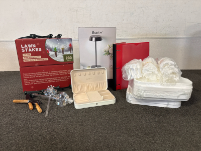 Cordless Table Lamp, Self Watering Globes, Shoe Rack, Small Jewelry Boxes, Lawn Stakes, Telescoping Binders.
