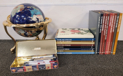 Blue Lapis Ocean Table Top Gemstone World Globe, Motion Sensor Paper Towel Dispensers, Georgia-Pacific EnMotion And Brady, Home Repair And Improvement Books, Pens, And A Calender Of Roses 1994