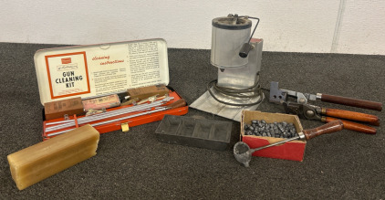 Sears Gun Cleaning Kit, Lee Infinite Heat Control Lead Melting Pot With Lead Ingot Mold, Lead Melting Casting Ladle And Round Ball Bullet Mold, And Box of Casted Bullets