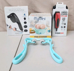 Touch'N'Tone Massager, Handheld Neck Massager, Conair Men's Ultra Cut Corded Clipper Grooming Kit, And A My Mini Egg Cooker