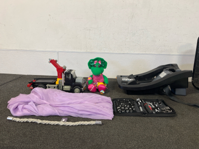 Kids Car seat Base, Toy Tow Truck, Purple Curtains, Baby Bop Doll, Zip Up Tool Kit, And A Apple Watch Cover