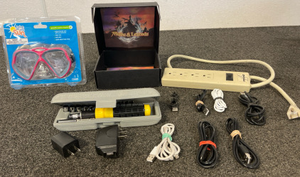 Phone Chargers, Power Strip, Youth Swim Mask Ages 8 and Up, And A Scoket Set