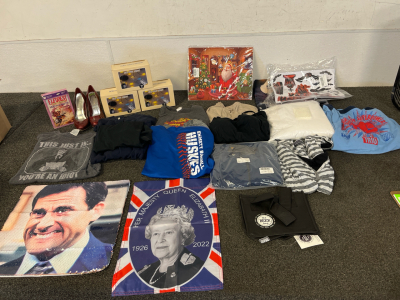Men&rsquo;s Clothes Size M, Women&rsquo;s Clothes Size M, Red High Heels Size 5, Elfquest On Cassette Tape, LED Line Lights 3 Boxes, Christmas Advent Calendar, Halloween Stickers and Banner, And Fake Snow with Snow Flakes