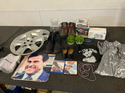 2 Hub Caps, Laundry Detergent Holder, The Office Pillow Case, PS4 Tales of Berserta Game, Cartoon Craze Superman: Showdown DVD, Phone Charger, Women&rsquo;s Shows, Men&rsquo;s Boots, Point of Light Projector With No Remote, Hands Free Breast Pump And More