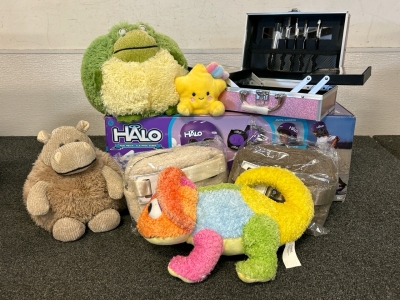 (2) Nollia Purses, Cute Makeup Box, Halo 4-Piece Skateboard Combo and Stuffed Animals