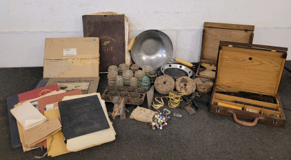 Antique Art And Art Supplies, Glass Insalators, Cast Iron Muffin Pan, And More