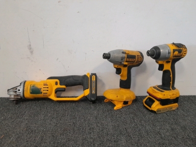 Dewalt Angle Grinder, (2) Dewalt Drills & (3) Battery's