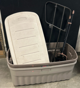 (2) 50 Gal Rubbermaid Buckets Tubs With Lids, Pooper Scooper, And ATV, Side-by-Side & UTV Frame