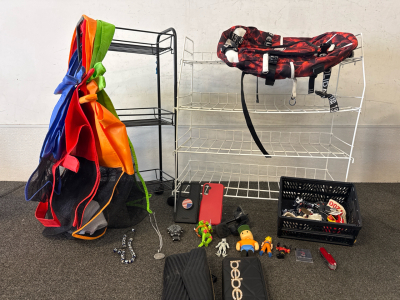 White Shoe Rack, 3-Tiered Under the Sink Shelving, Black Purses, Man&rsquo;s Watch, Saint Christopher&rsquo;s Medallion, Phone Cases, Car Phone Mounts, Mesh Colored Laundry Bags, and Miscellaneous Toys.