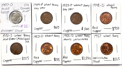 (8) Vintage Coins: 1997-D Denver Mint Roosevelt Dime and (7) Wheat Pennies