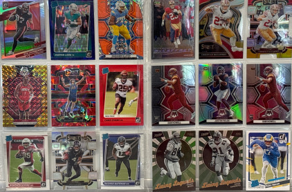 Variety Of (18) Modern Football Cards With Christian McCaffrey, Sam Howell Rookie/Justin Field R/C And Randy Moss/Deion Sanders Inserts