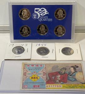 2003 (50) State Quarters Proof Set, 1970s Taiwan Lottery Ticket, And (2) Liberty Quarters