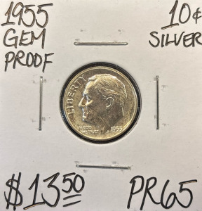 1955 PR65 Gem Proof Silver Roosevelt .10c