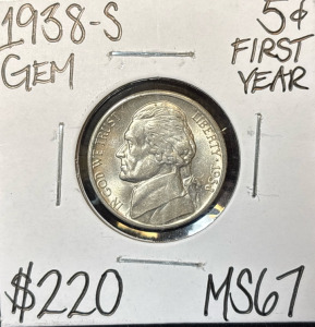 1938-S MS67 1st Year Gem Mint State Nickel