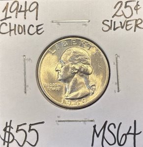 1949 MS64 Choice Silver Washington .25c