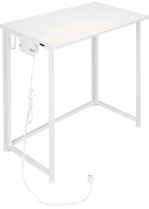 Black Oak Folding Computer Desk With Power Outlets, And A Black Office Chair.