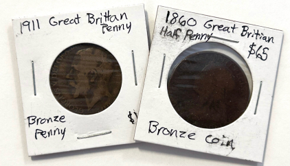 1860 Great Britain Half Penny and 1911 Bronze Penny