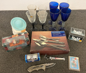 (2) Wineglass Sets, 32 Piece Silverware Set, Glass Nativity Set, Christmas Ornament, Collectable Cars & Baseball Card & Pocket Knife