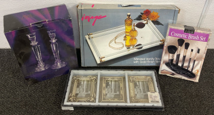 Mirrored Vanity Tray, Cosmetic Brush Set, Gold Picture Frames & Glass Candle Holders