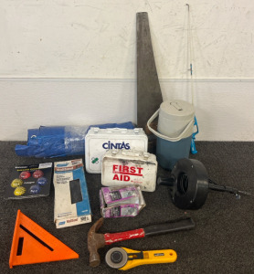 Outdoor Items Including Tarp, Saw, Kids Fishing Pole, Water Bottle, Hand Auger, First Aid Kits & More