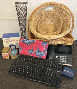 (3) Large Wicker Baskets, Yealink SIP-T54W Gigabit IP Phone, (2) Logitech Keyboards & Netgear Fast Ethernet Switch, (9) Decks Of Cards & Card Shuffler