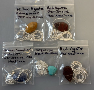(1) Yellow And (2) Red Agate .925 Necklace, Turquoise Heart Necklace, And Natural Ganadian Sodalite Gemstone Necklace
