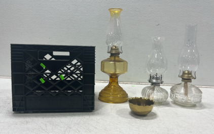 (3) Vintage Oil Lamps (1) Milk Crate