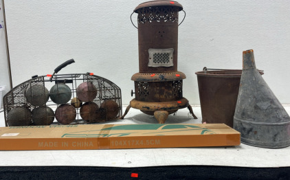 (1) Small Furnace (1) Metal Funnel (1) Vintage Metal Bucket (1) Brand New Window Visors for Car (1) Vintage Item