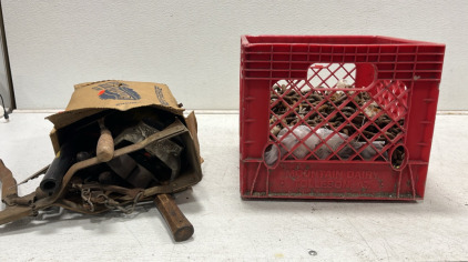 (1) Milk Crate Full of Chains (1) Box full of Vintage Tools (HEAVY)