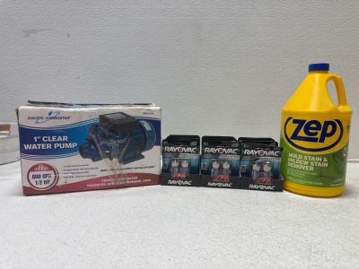(1) 1&rdquo; Clear Water Pump (1) Zep Mold Stain & Mildew Stain Remover & (12) 2pack C2 Rayovac Batteries