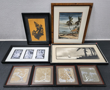 (8) Assorted Size Art in Frames: Japanese Hand-Painted Small Square Frame Art, Beach House Painting, & More!