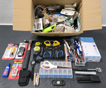 Box Full of Assorted Tools & Office Items: Measuring Tapes, Casio Watches, Micro Tool Set, Maglite Flashlight, MultiTools, PlasticWeld, Super Glue, 100pcs Vinyl Gloves, & Much More!
