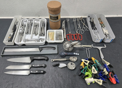 Large Assorted Collection of Kitchen Utensils & Flatware: Zwilling J.A. Henckels Carving & Chef Knives, 30-Piece Passage Flatware Set, Magnet Clips, & Much More!
