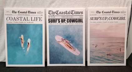 (1) Surfing Themed - 3-Piece Canvas Wall Art Print Set, Each Panel Is 16"W x 24"T