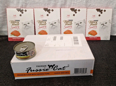 (1) Case Of Fussie Cat Premium Grain Free Tuna W/ Smoked Tuna Canned Cat Food, (24) 2.82-oz/80-g Cans, Exp Jan 2027 & (4) 3-oz Packs Of Purina Fancy Feast Savory Cravings Salman Flavored Treats, Exp Nov 2025