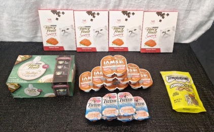 (1) Case Of Fancy Feast Florentine Collection Canned Cat Food, (12) 3-oz/85-g Cans, Exp July 2025, (4) 3-oz Packs Of Purina Fancy Feast Savory Cravings Salman Flavored Treats, Exp Nov 2025, (7) IAMS Perfect Portions Salmon Recipe Pate Packs, Exp Mar 2026